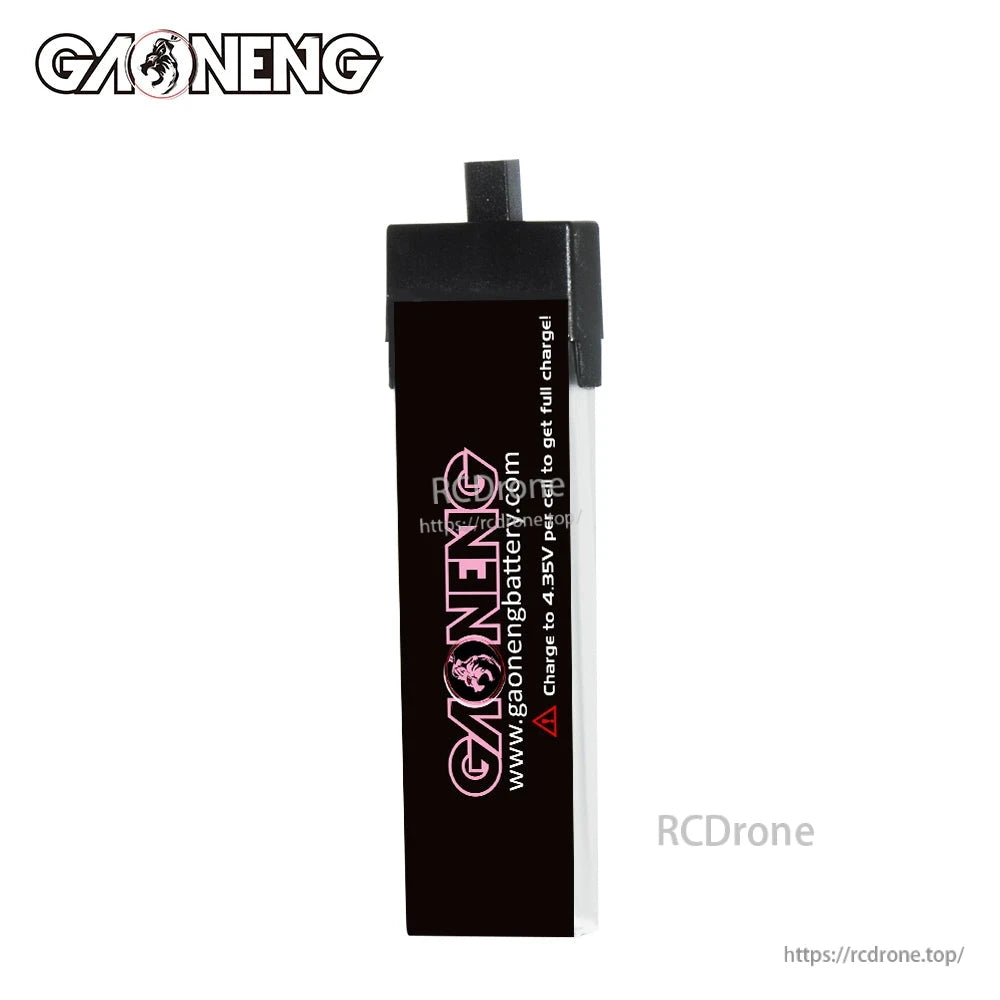 GAONENG GNB450 battery rear/side view showing GAONENG logo and 4.35V charge warning text
