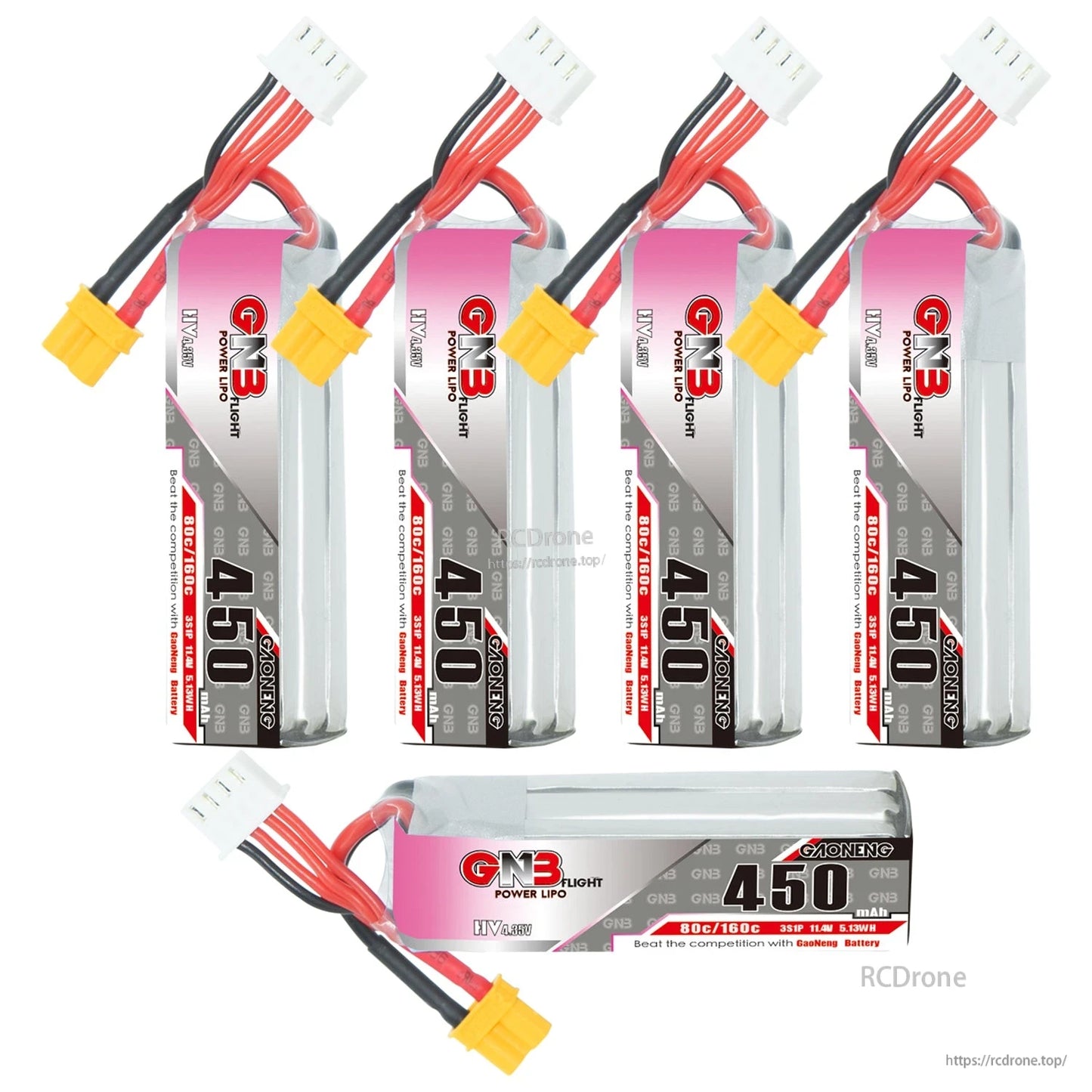 Bundle display with four upright GNB450 batteries plus one horizontal battery showing full label