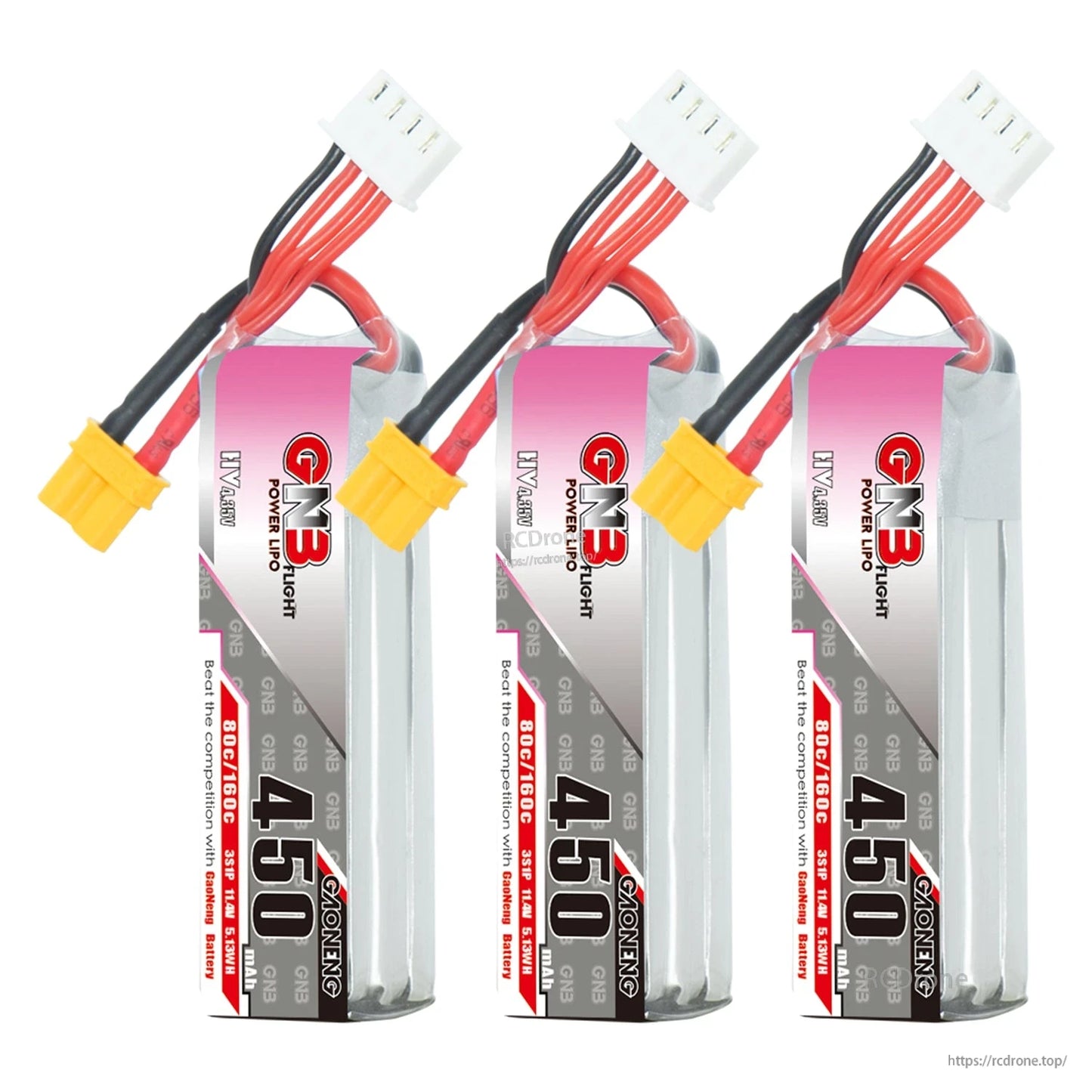 Three GNB450 long batteries side by side with XT30 connectors and balance leads