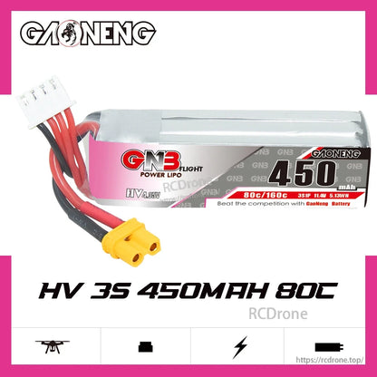 GAONENG GNB450 450mAh 3S LiHV 80C XT30 long-type battery product graphic on white background