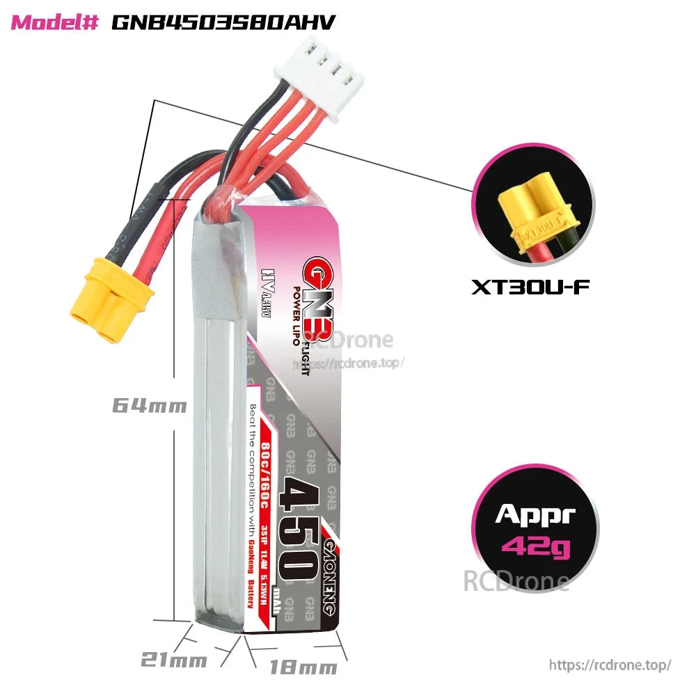 GNB4503S80AHV battery size chart showing 64 x 21 x 18 mm, XT30U-F plug and approx 42 g weight