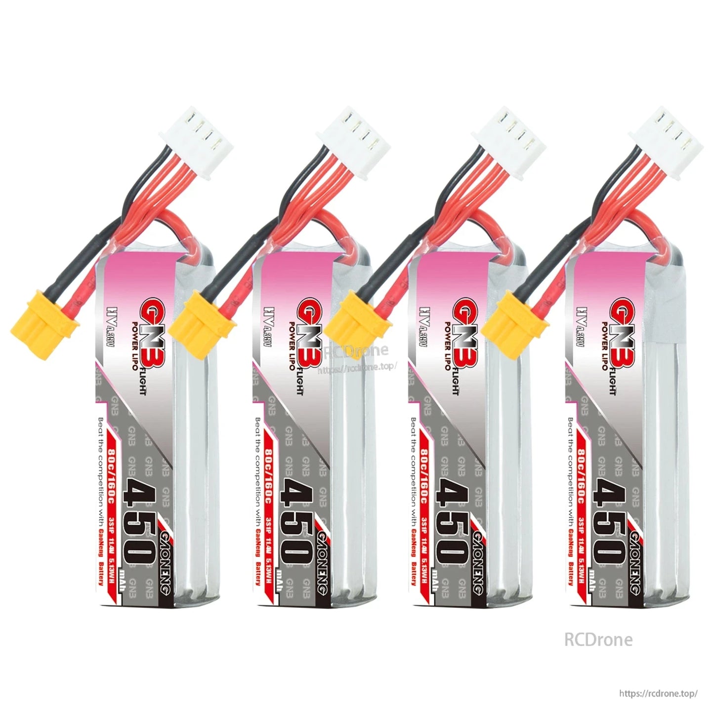 Four GNB450 long batteries lined up, showing label sides and XT30 connectors