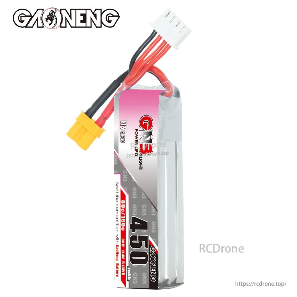 Long, slim GNB 450mAh LiHV battery shown upright with wires and XT30 connector