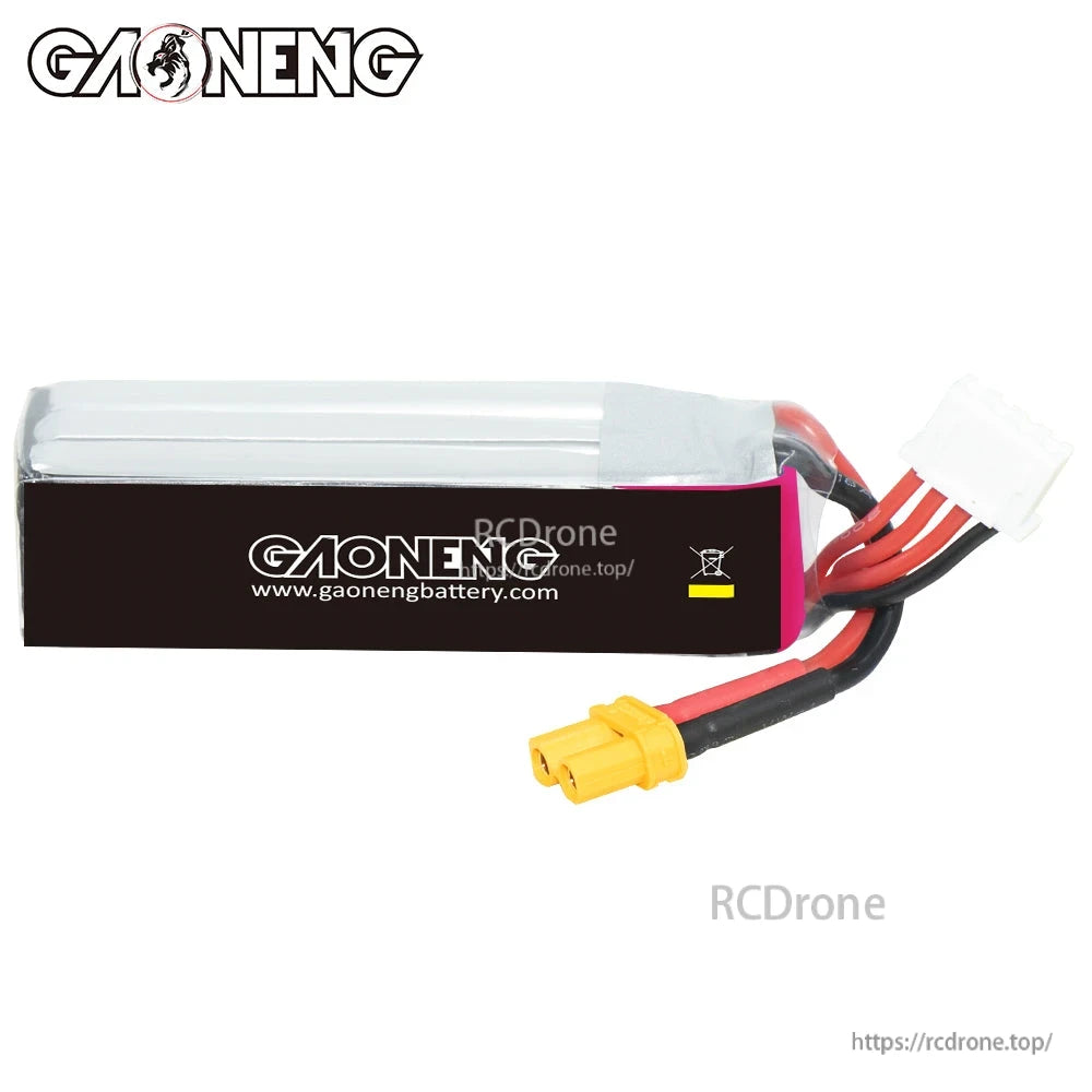 Rear/side view of battery showing GAONENG branding panel and cable exit with XT30 and balance plug