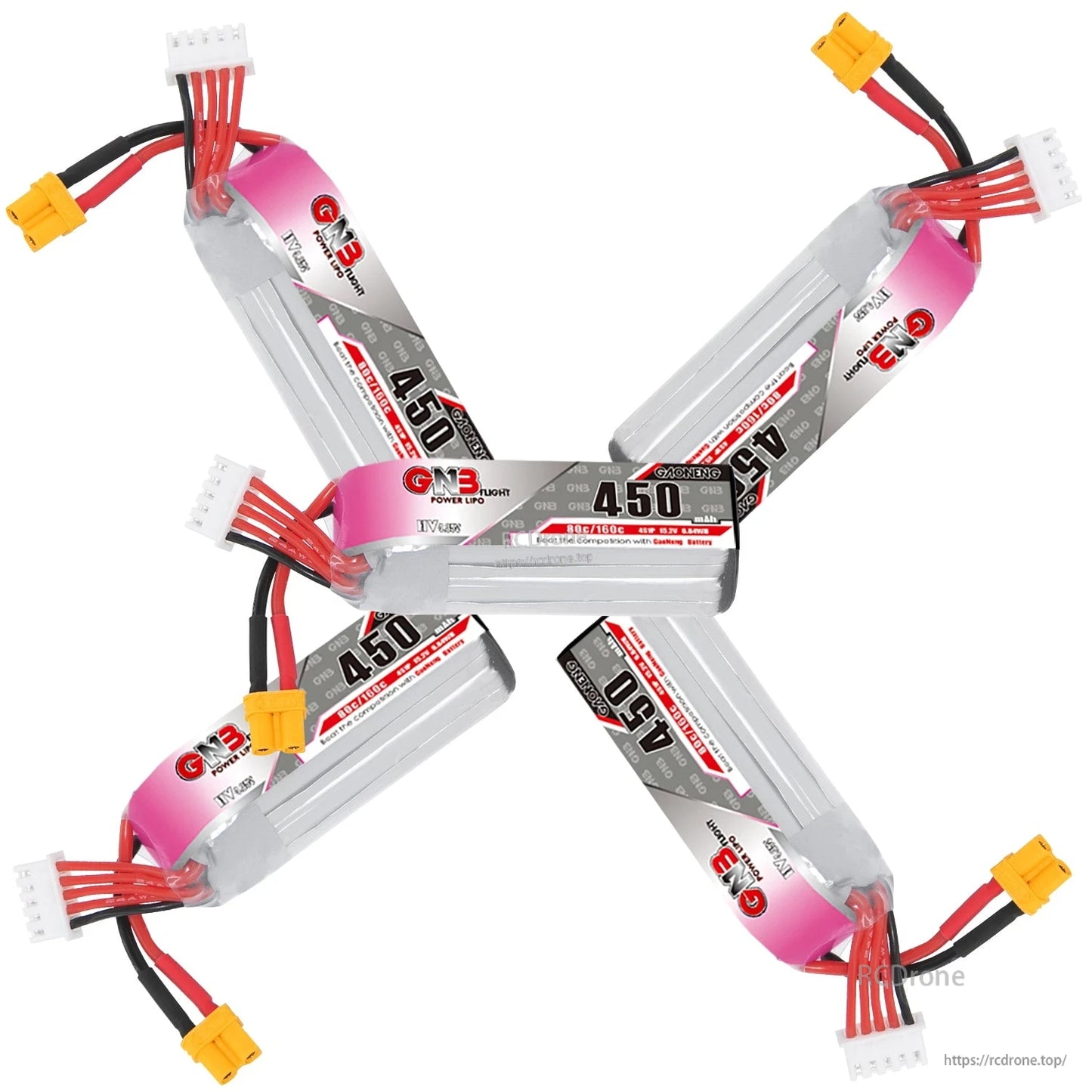 Five GNB 450mAh 4S LiHV batteries arranged in star layout with XT30 plugs and balance leads