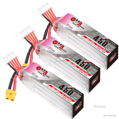 Three GNB 450mAh 4S LiHV batteries shown together with XT30 leads and balance plugs