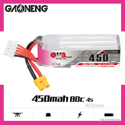 GAONENG GNB 450mAh 80C 4S battery promo graphic showing label and spec callout
