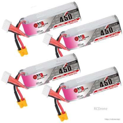 Four GNB 450mAh long-type LiHV batteries group photo with visible XT30 connectors