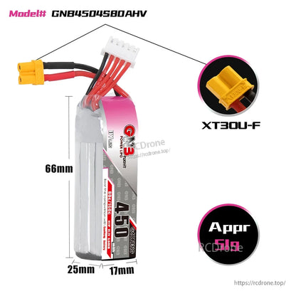 GNB4504S80AHV battery dimensions diagram (66×25×17mm) with XT30U-F connector close-up