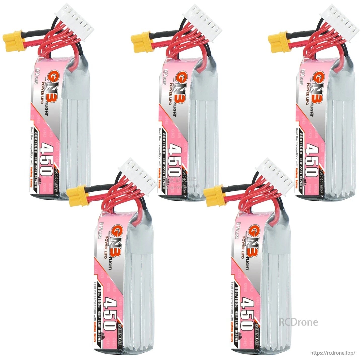 Five GNB 450 long LiHV batteries set displayed, each with XT30 connector and balance plug
