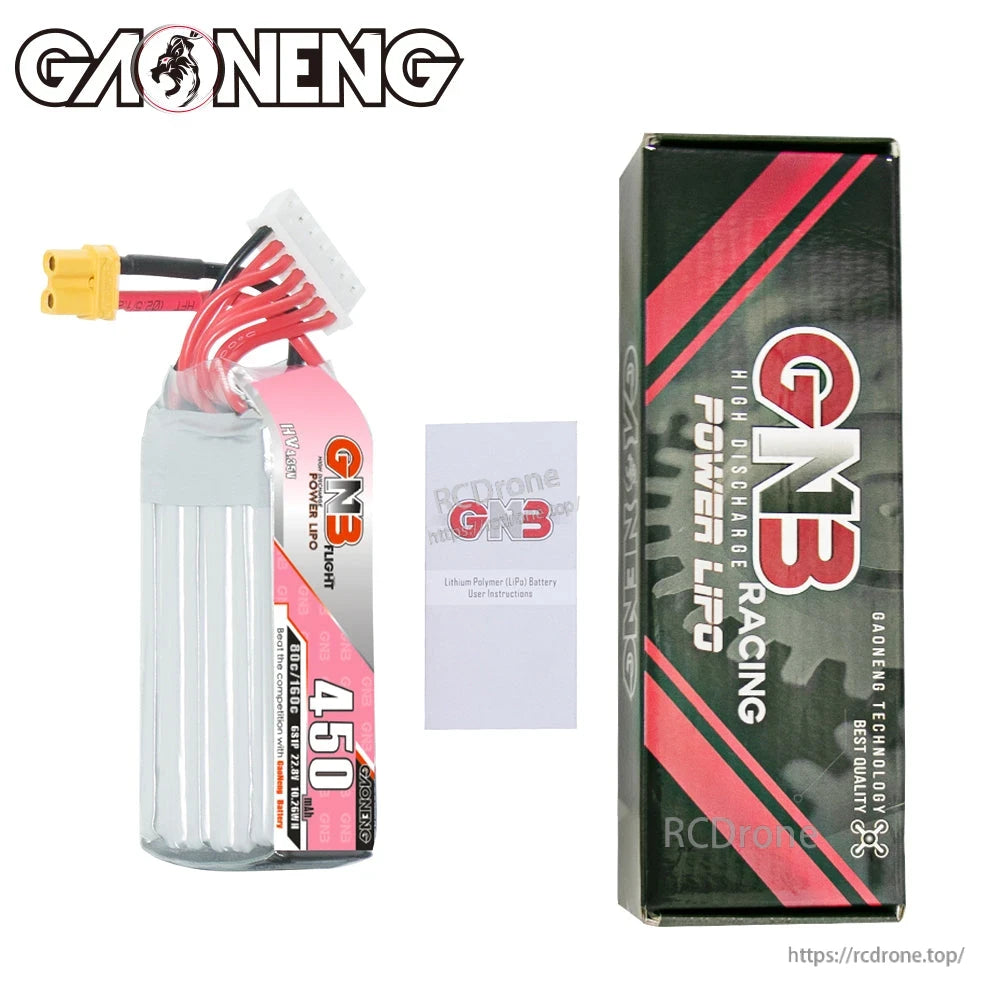 Package contents: GNB 450 battery, retail box, and small instruction leaflet
