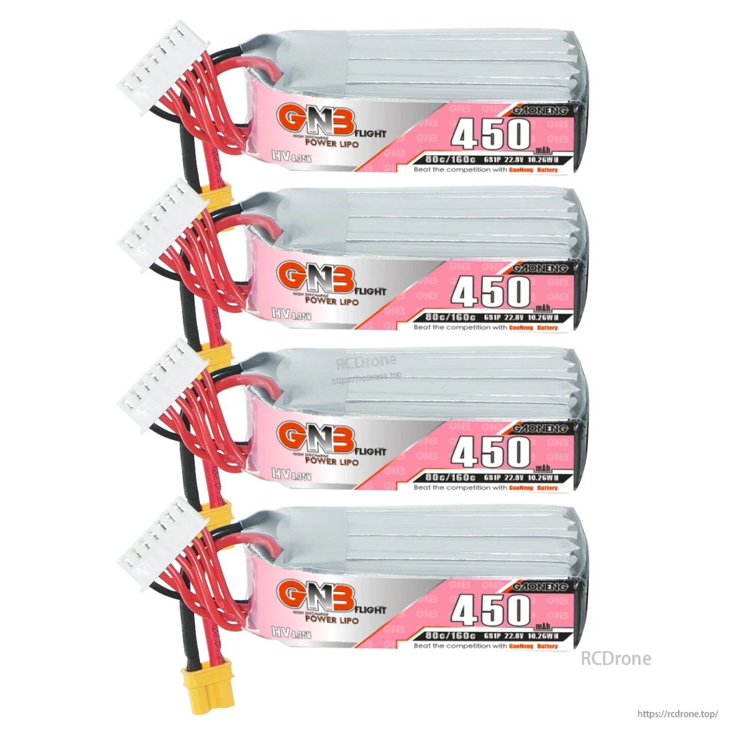 Four GNB 450 long LiHV batteries stacked, side labels visible with balance leads