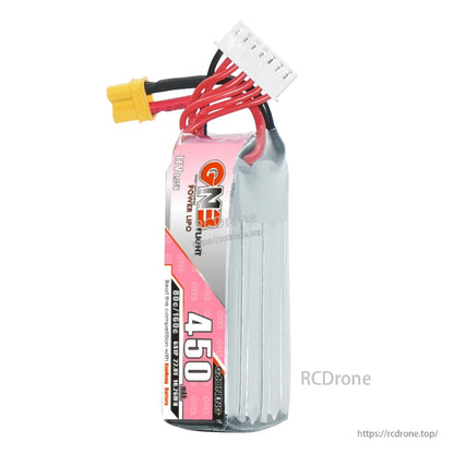 Front label view of GNB 450 long FPV LiPo pack with XT30 power lead and balance plug