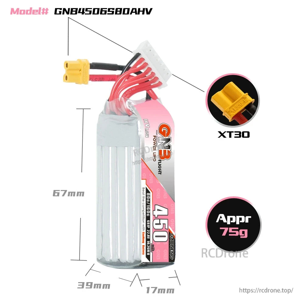 GNB4506S80AHV battery size diagram with XT30 connector close-up and approx 75g note