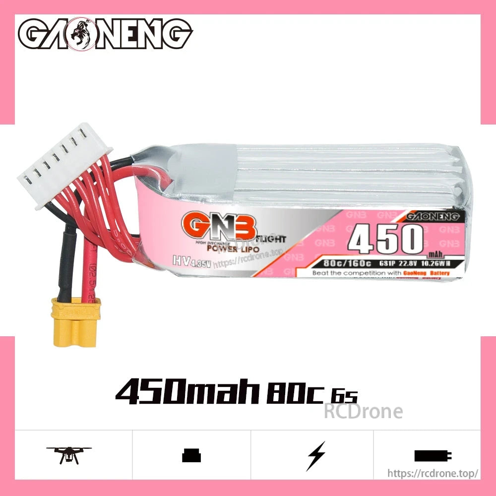 GAONENG GNB450 6S LiHV 450mAh 80C XT30 battery, side profile label with wires