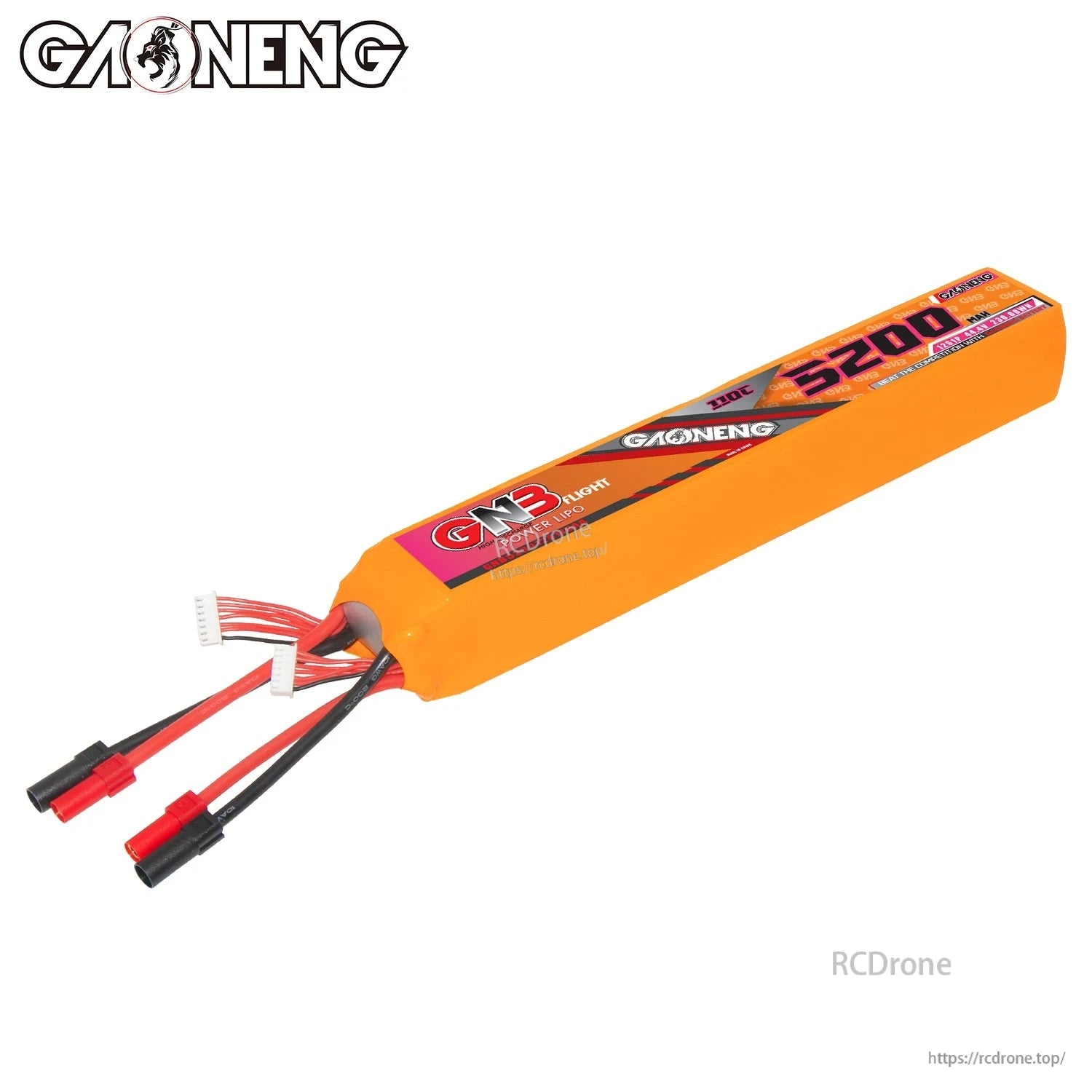 Angled rear-side view of orange GAONENG GNB battery showing cable exit and shrink wrap