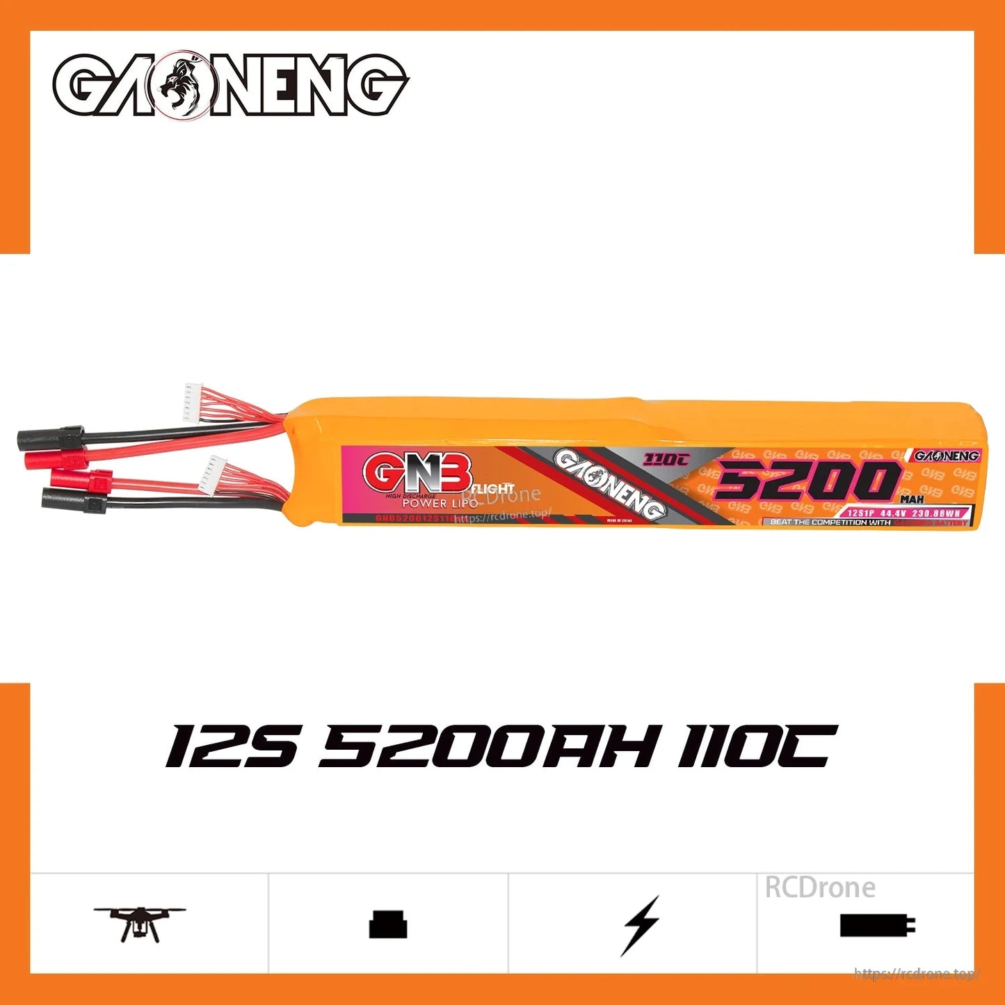 Side profile of GAONENG GNB 12S 5200mAh 110C LiPo battery with label visible
