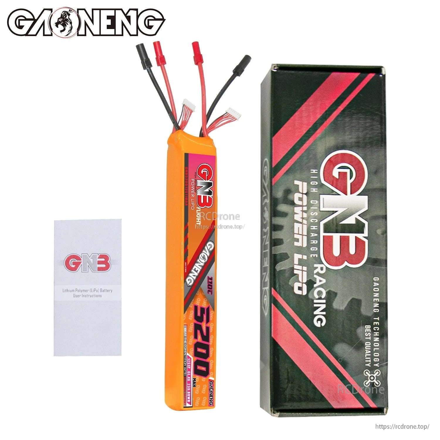 Package contents: GAONENG GNB 5200 battery, retail box, and user instructions booklet
