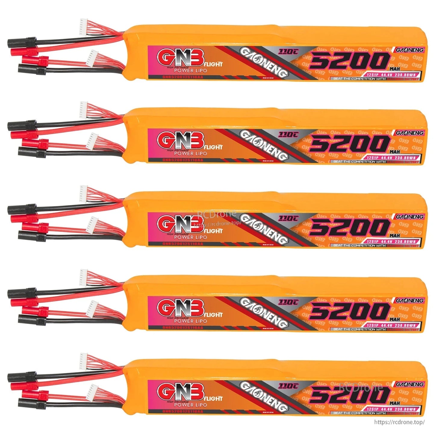 Five GAONENG GNB 5200 battery packs lined up with connectors and balance leads visible