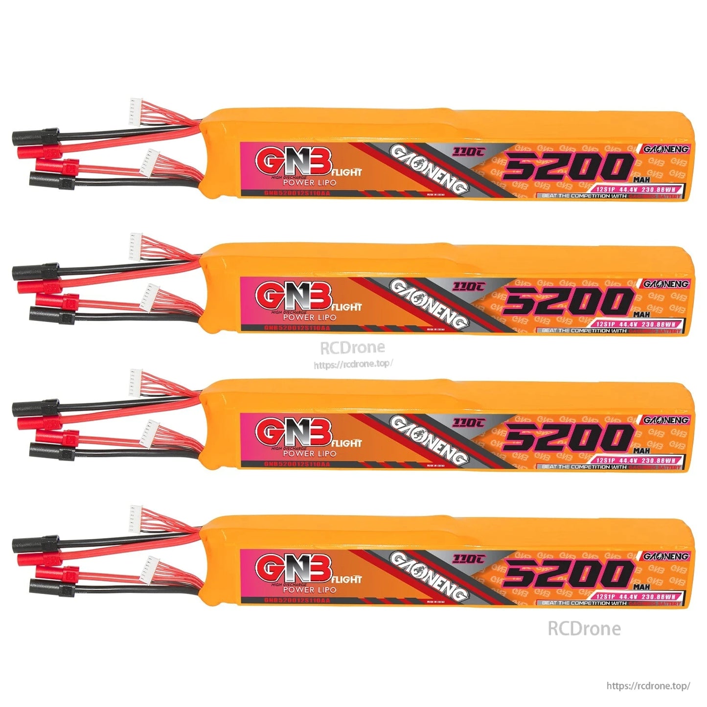 Four GAONENG GNB 5200 battery packs lined up, label side shown