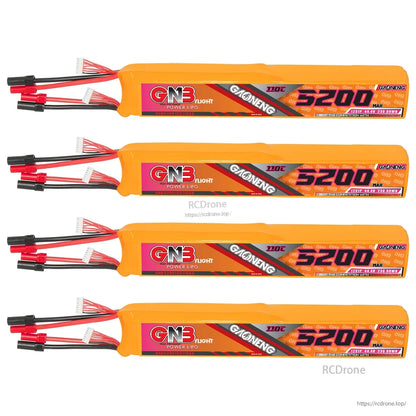 Four GAONENG GNB 5200 battery packs lined up, label side shown