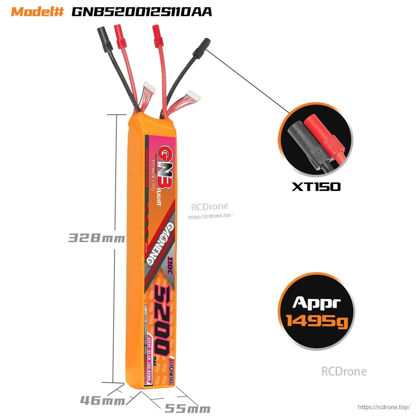 GNB520012S110AA battery size diagram with dimensions and XT150 connector close-up, approx. 1495g