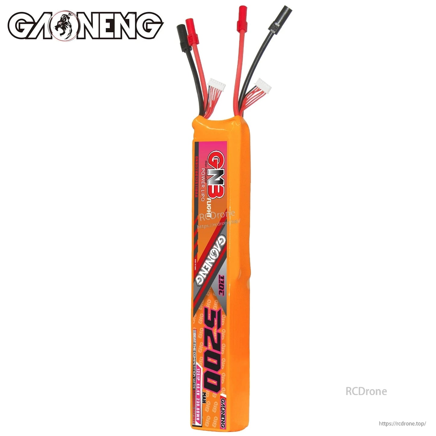 Front view of GAONENG GNB 5200mAh battery showing wire leads and balance plugs