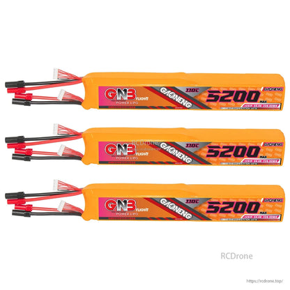 Three GAONENG GNB 5200 battery packs shown side-by-side with discharge leads