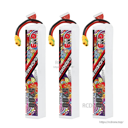 Three GNB 12S battery packs shown upright with connectors and balance leads (3-pack display)