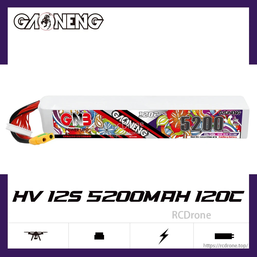 Side profile of GAONENG GNB 12S 5200mAh 120C HV LiPo battery, label visible
