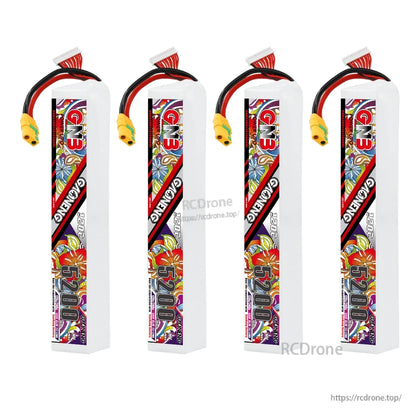 Four GNB 12S battery packs shown upright with XT90-style connectors and balance leads
