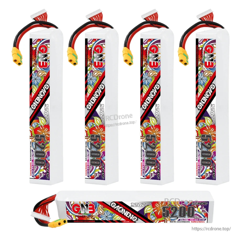 Four upright battery packs plus one horizontal pack showing full label and connector lead