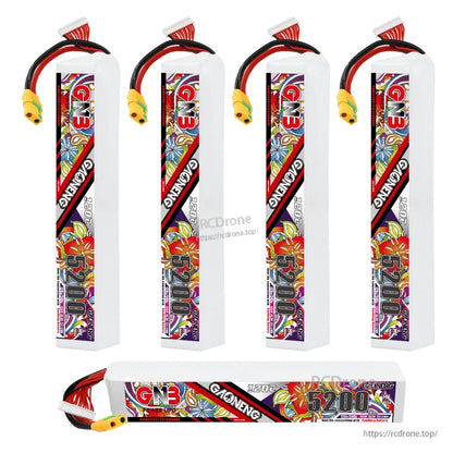 Four upright battery packs plus one horizontal pack showing full label and connector lead