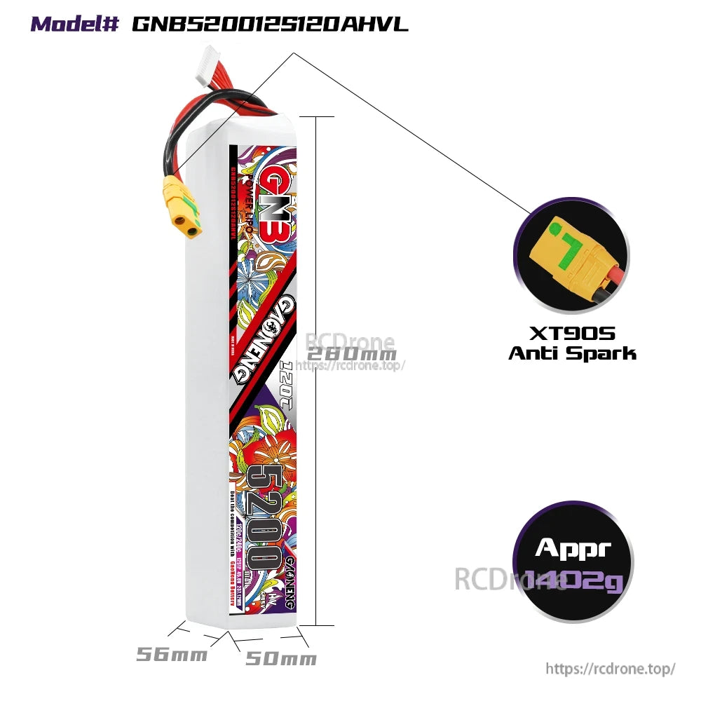 GNB520012S120AHVL battery dimensions diagram with XT90S anti-spark plug and approx. weight
