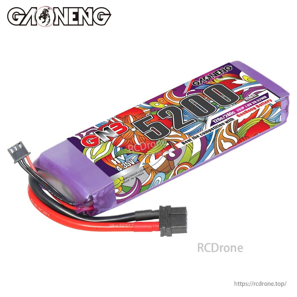 Angled side view of battery pack highlighting purple shrink wrap and attached XT60 connector