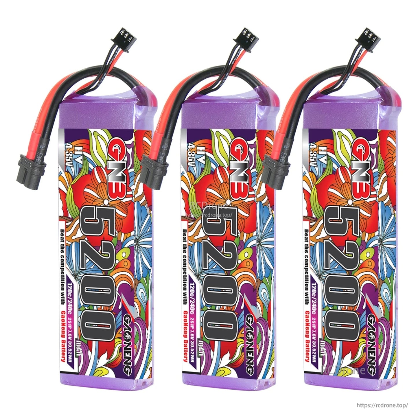 Three GAONENG GNB 5200 LiHV battery packs lined up, showing top leads and balance connectors