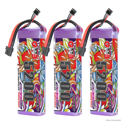 Three GAONENG GNB 5200 LiHV battery packs lined up, showing top leads and balance connectors