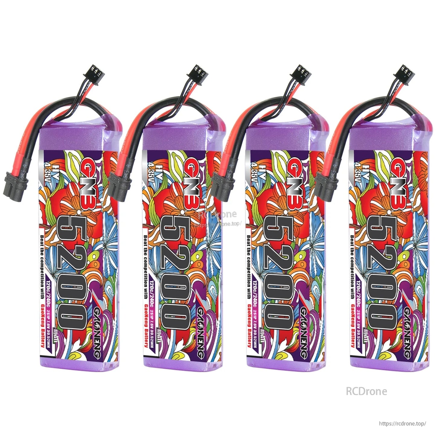 Four GAONENG GNB 5200 LiHV battery packs displayed in a row on white background