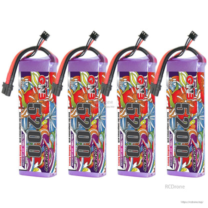 Four GAONENG GNB 5200 LiHV battery packs displayed in a row on white background