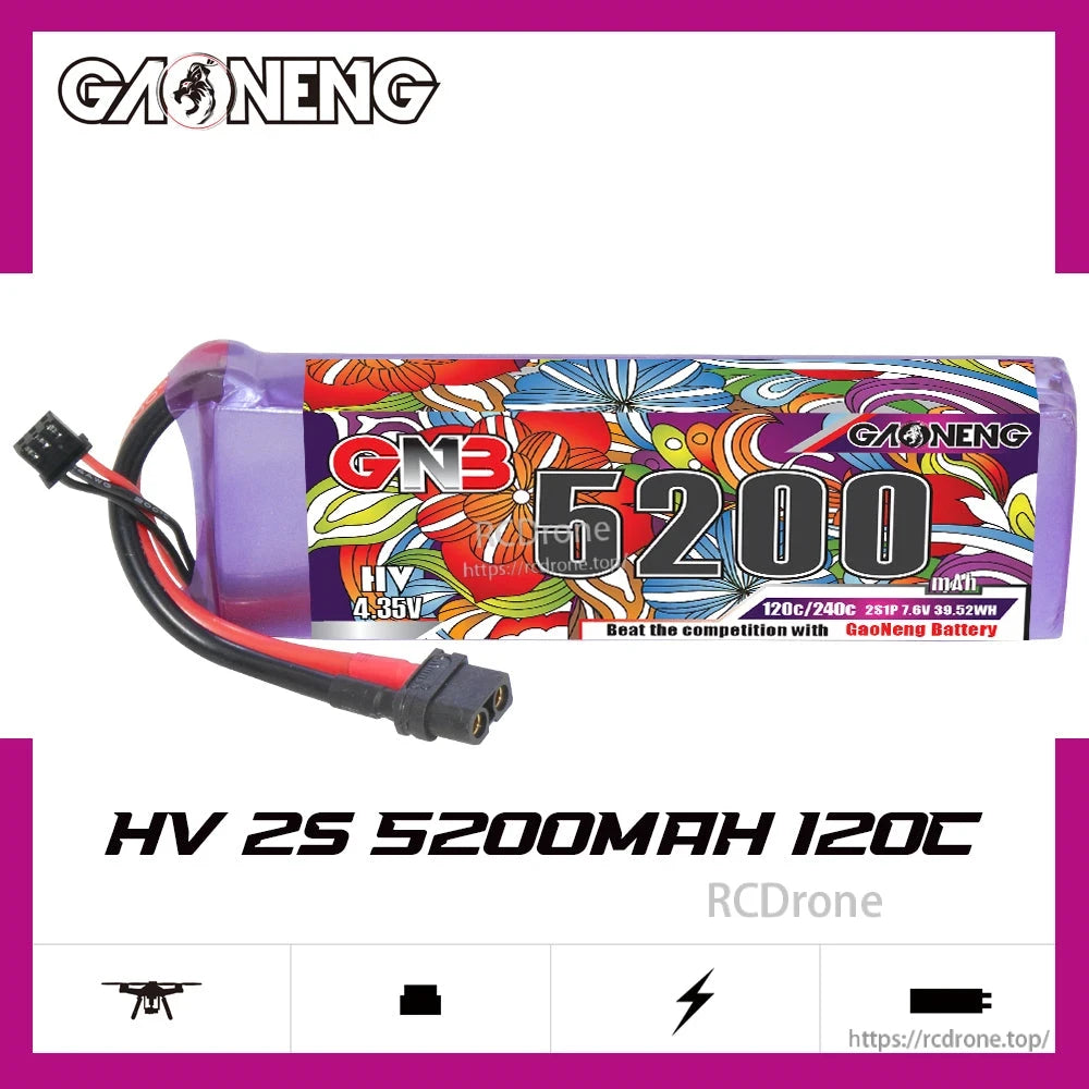 GAONENG GNB52002S120AHV 2S 5200mAh 120C LiHV battery product graphic on white background