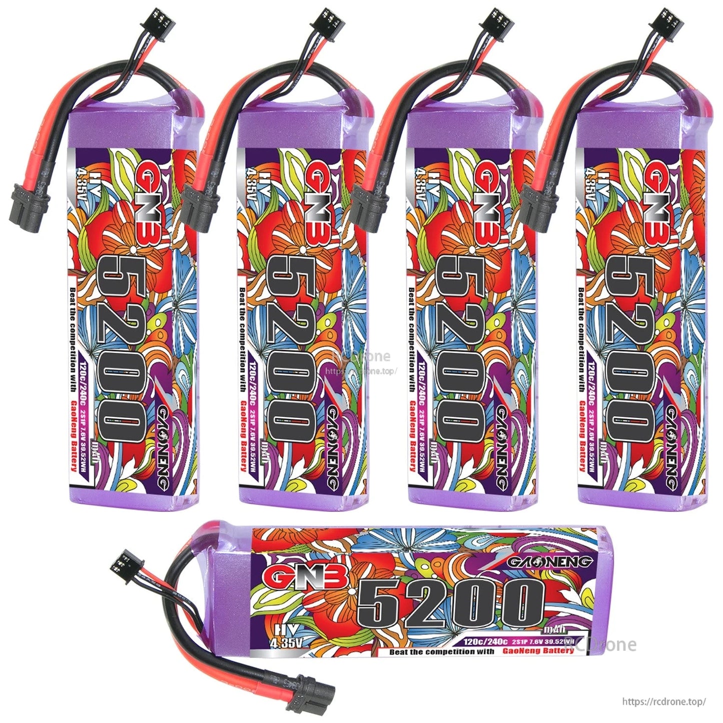 Four upright GNB 5200 packs plus one horizontal pack shown together, highlighting label layout