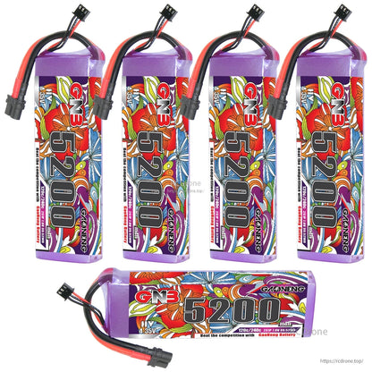Four upright GNB 5200 packs plus one horizontal pack shown together, highlighting label layout