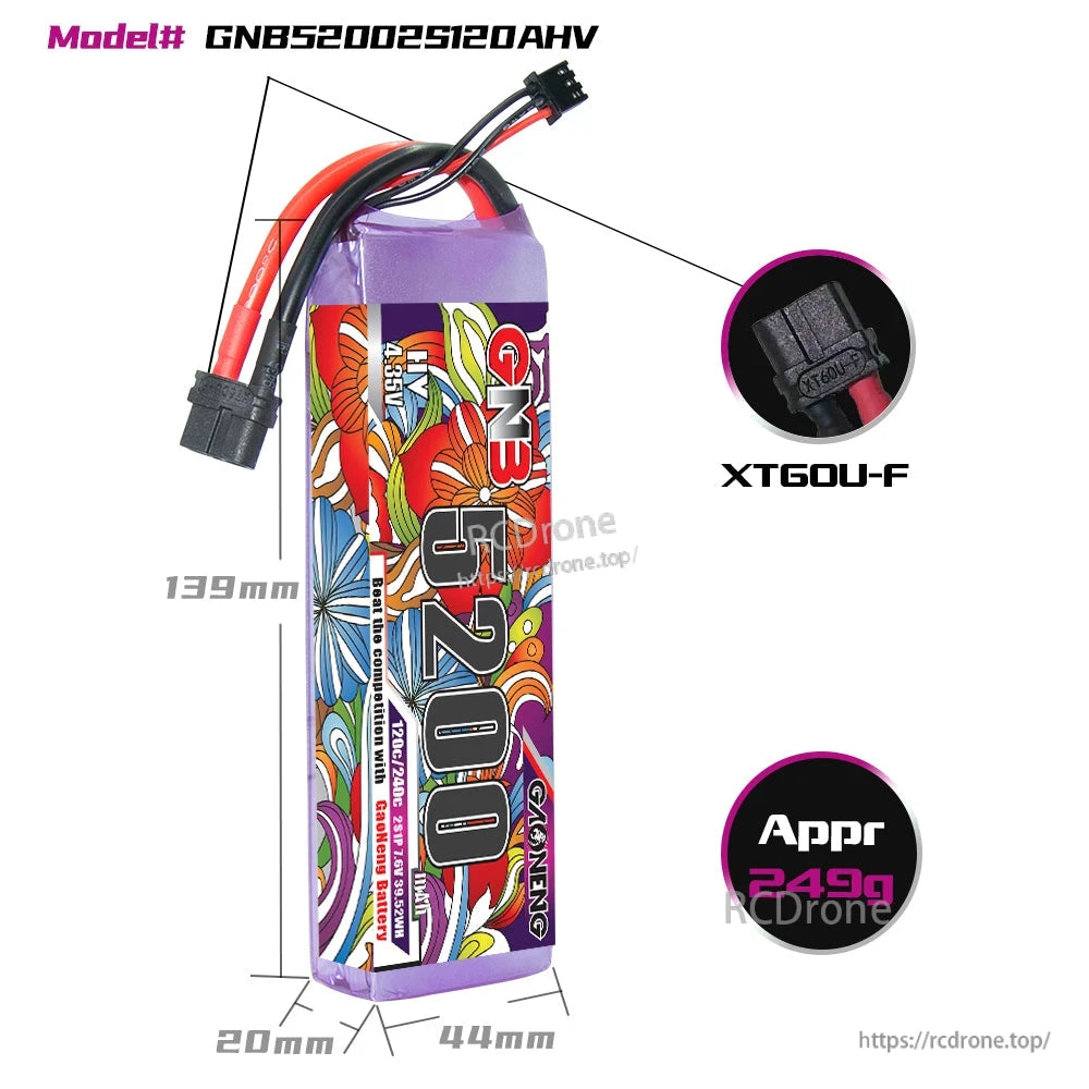 Battery dimensions diagram for GNB52002S120AHV showing 139mm length, 44mm width, 20mm height