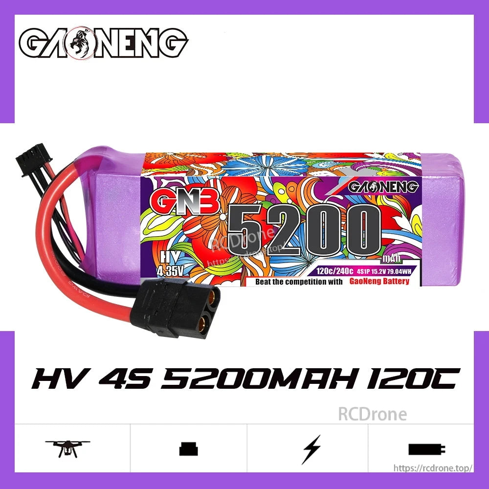 GAONENG GNB52004S120AHV HV 4S 5200mAh 120C battery product graphic with icons