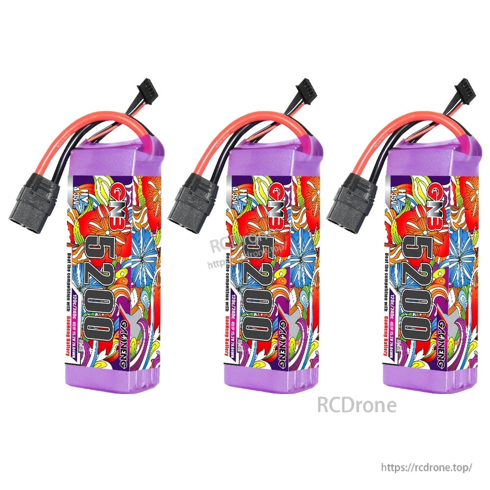 Three GAONENG GNB 5200mAh battery packs shown upright with XT90 connectors