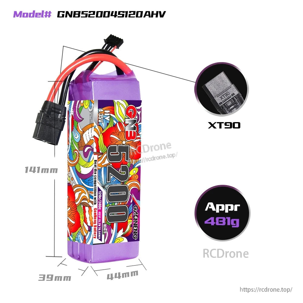 Battery dimensions diagram with XT90 connector close-up and approximate 481g weight callout