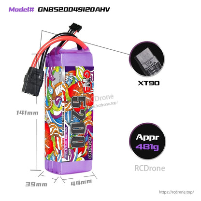 Battery dimensions diagram with XT90 connector close-up and approximate 481g weight callout