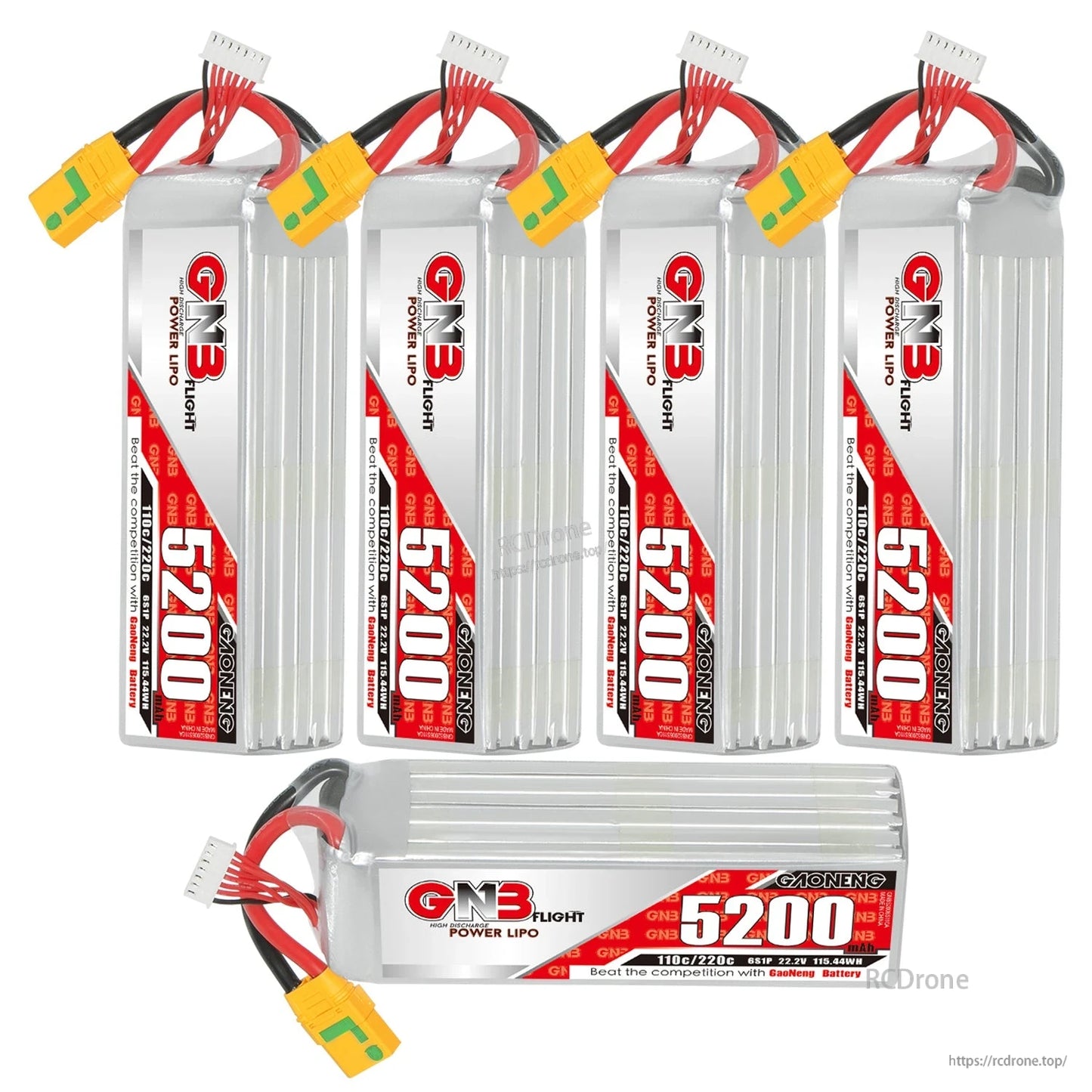 Set display with four batteries upright and one battery laid flat, showing labels and XT90S leads
