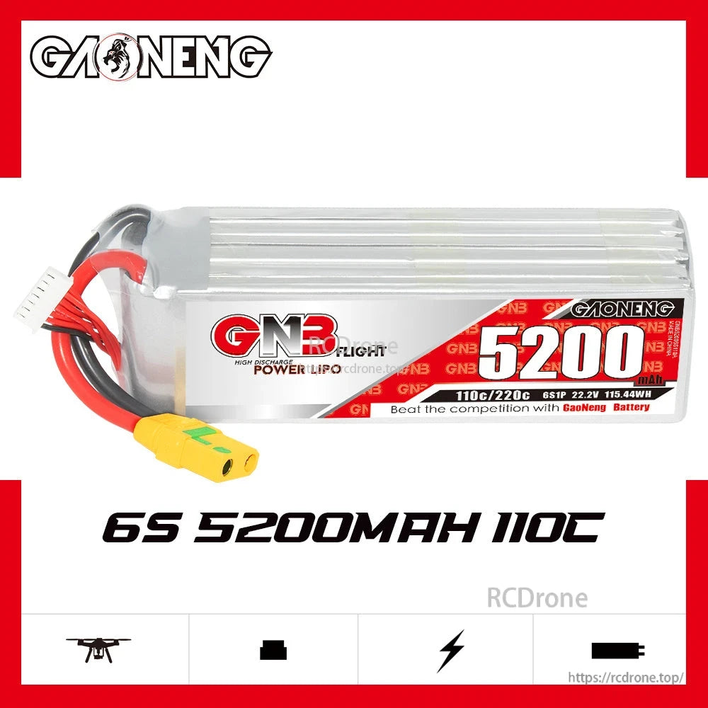 GAONENG GNB52006S110A battery graphic with “6S 5200mAh 110C” text and product image
