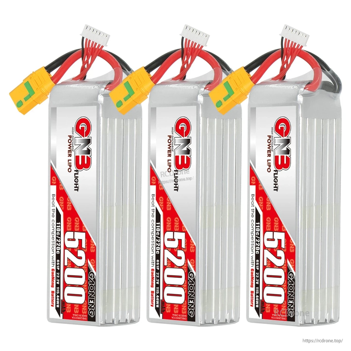 Three GNB 5200 LiPo batteries displayed together, each with XT90S connector and balance lead